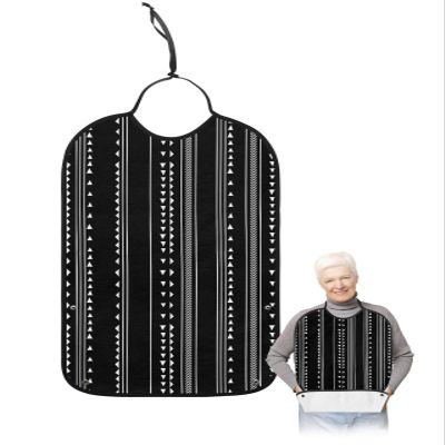 Kewadony Adult Bibs for Elderly Women - Black Boho Waterproof Dining Clothing Protectors with Crumb Catcher for Eating/Feeding, Simple Drawn Triangle Line Terry Cloth Bib Machine Washable