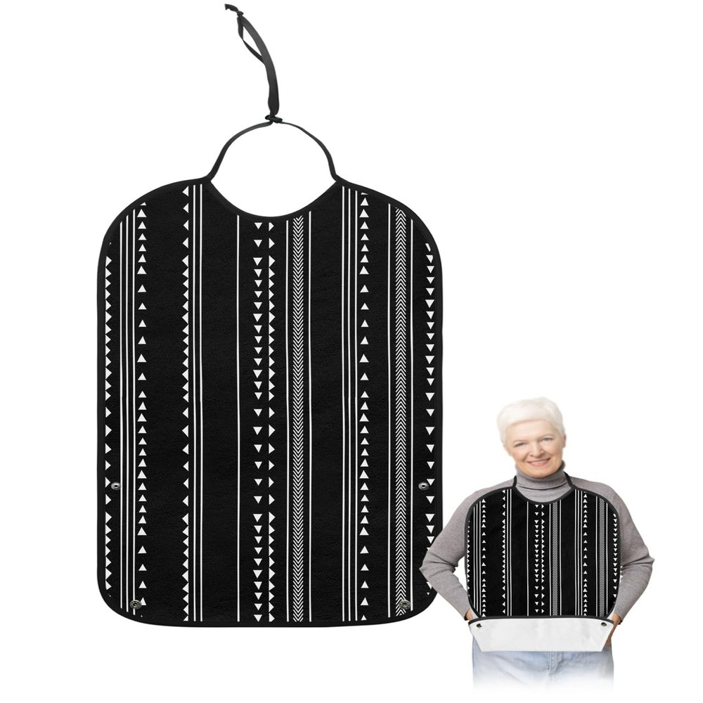 Kewadony Adult Bibs for Elderly Women - Black Boho Waterproof Dining Clothing Protectors with Crumb Catcher for Eating/Feeding, Simple Drawn Triangle Line Terry Cloth Bib Machine Washable