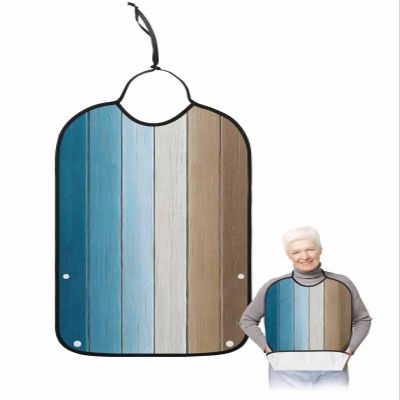 Kewadony Adult Bibs for Elderly Women - Navy Blue Brown Barn Wood Waterproof Dining Clothing Protectors with Crumb Catcher for Eating/Feeding, Farmhouse Blue Wooden Board Terry Cloth Bib Washable