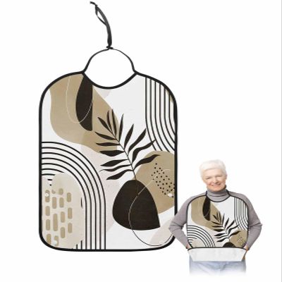 Kewadony Adult Bibs for Elderly Women - Boho Tropical Leaves Waterproof Dining Clothing Protectors with Crumb Catcher for Eating/Feeding, Khaki Brown Abstract Art Neutral Terry Cloth Bib