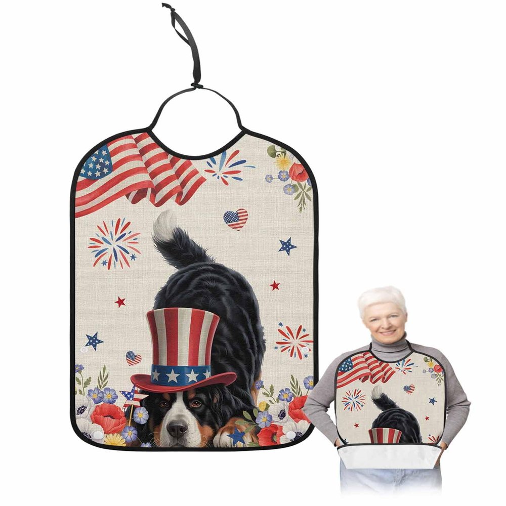 Kewadony Adult Bibs for Elderly Women - 4th of July Dogs Waterproof Dining Clothing Protectors with Crumb Catcher for Eating/Feeding, Independence Day American Flag Star Terry Cloth Bib Washable