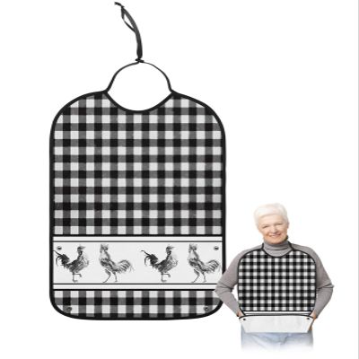Kewadony Adult Bibs for Elderly Women - Farmhouse Rooster Checkered Waterproof Dining Clothing Protectors with Crumb Catcher for Eating/Feeding, Watercolor Black and White Plaid Terry Cloth Bib