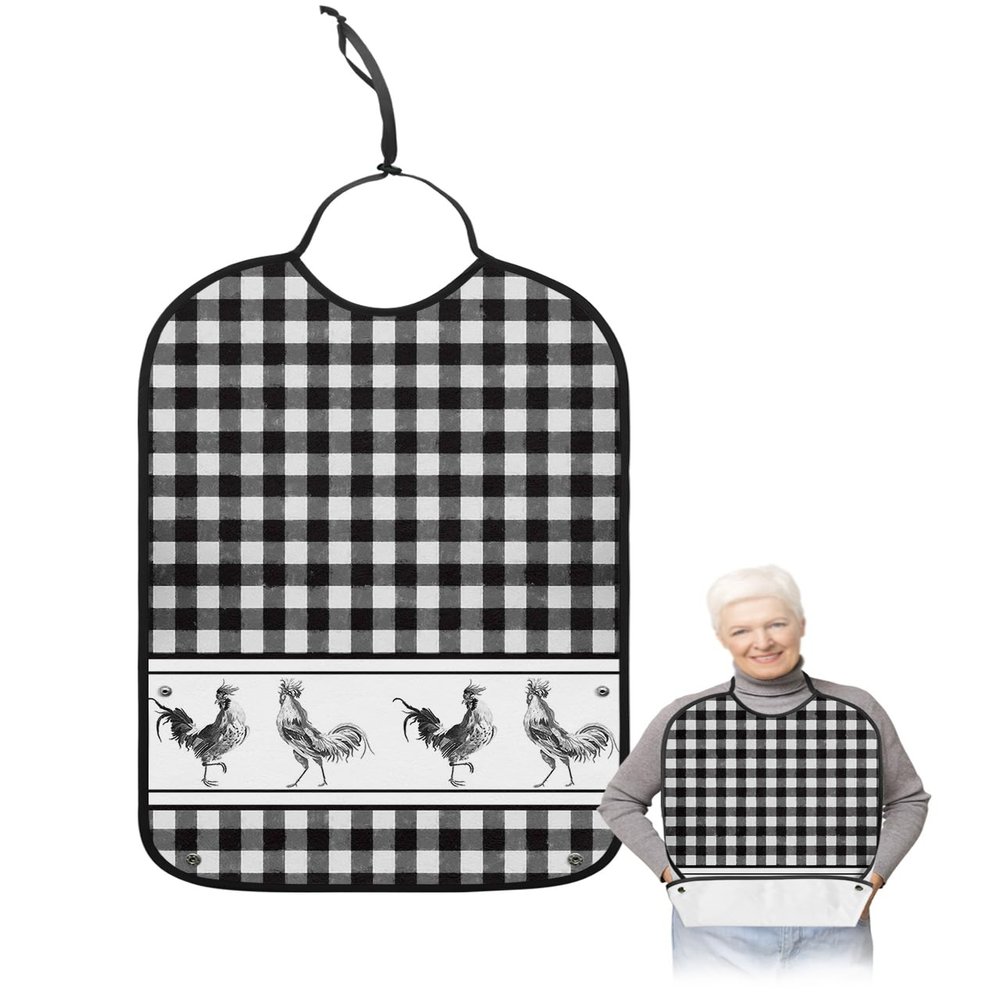 Kewadony Adult Bibs for Elderly Women - Farmhouse Rooster Checkered Waterproof Dining Clothing Protectors with Crumb Catcher for Eating/Feeding, Watercolor Black and White Plaid Terry Cloth Bib