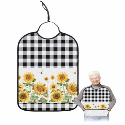 Kewadony Adult Bibs for Elderly Women - Sunflower Plaid Waterproof Dining Clothing Protectors with Crumb Catcher for Eating/Feeding, Farmhouse Watercolor Florals Black Checkered Terry Cloth Bib
