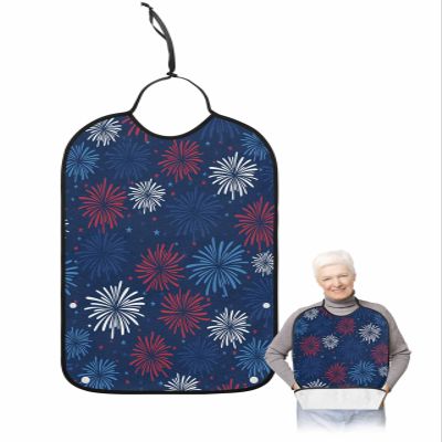 Kewadony Adult Bibs for Elderly Women - Independence Day Waterproof Dining Clothing Protectors with Crumb Catcher for Eating/Feeding, 4th of July Fireworks Star Blue Terry Cloth Bib Machine Washable