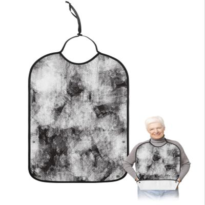 Kewadony Adult Bibs for Elderly Women - Black and Grey Waterproof Dining Clothing Protectors with Crumb Catcher for Eating/Feeding, Abstract Art Black Smear Painting Terry Cloth Bib Machine Washable