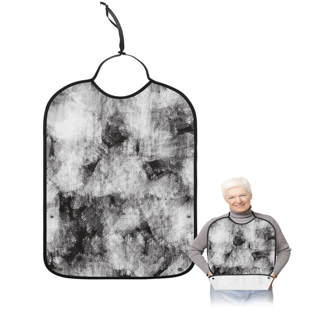 Kewadony Adult Bibs for Elderly Women - Black and Grey Waterproof Dining Clothing Protectors with Crumb Catcher for Eating/Feeding, Abstract Art Black Smear Painting Terry Cloth Bib Machine Washable