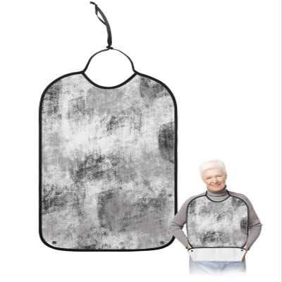 Kewadony Adult Bibs for Elderly Women - Black and White Waterproof Dining Clothing Protectors with Crumb Catcher for Eating/Feeding, Grey Smear Painting Abstract Art Terry Cloth Bib Machine Washable