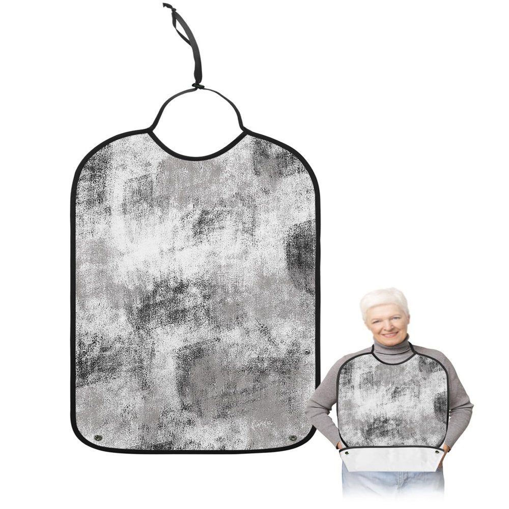 Kewadony Adult Bibs for Elderly Women - Black and White Waterproof Dining Clothing Protectors with Crumb Catcher for Eating/Feeding, Grey Smear Painting Abstract Art Terry Cloth Bib Machine Washable