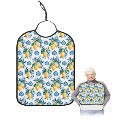 Adult Bibs for Elderly Women - Summer Lemon Waterproof Dining Clothing Protectors with Crumb Catcher for Eating/Feeding, Modern Abstract Art Blue Yellow Fruit Terry Cloth Bib Machine Washable