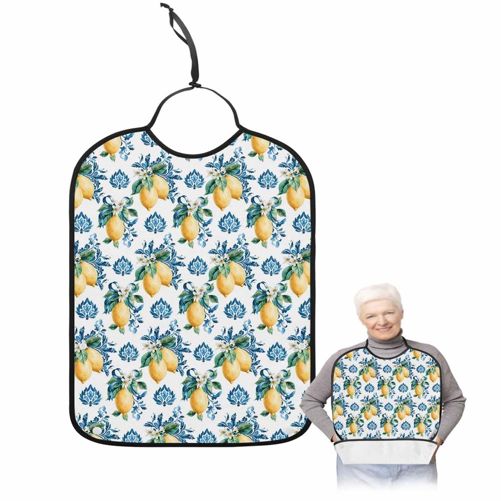 Adult Bibs for Elderly Women - Summer Lemon Waterproof Dining Clothing Protectors with Crumb Catcher for Eating/Feeding, Modern Abstract Art Blue Yellow Fruit Terry Cloth Bib Machine Washable