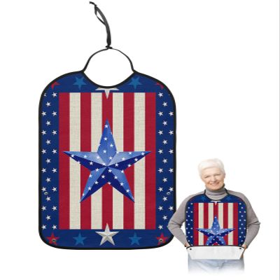 Kewadony Adult Bibs for Elderly Women - 4th of July Waterproof Dining Clothing Protectors with Crumb Catcher for Eating/Feeding, American Star on Red Striped Vintage Independence Day Terry Cloth Bib