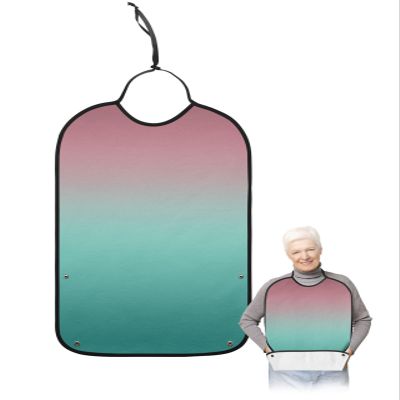 Kewadony Adult Bibs for Elderly Women - Green Pink Ombre Waterproof Dining Clothing Protectors with Crumb Catcher for Eating/Feeding, Gradient Pink Green Terry Cloth Bib Machine Washable