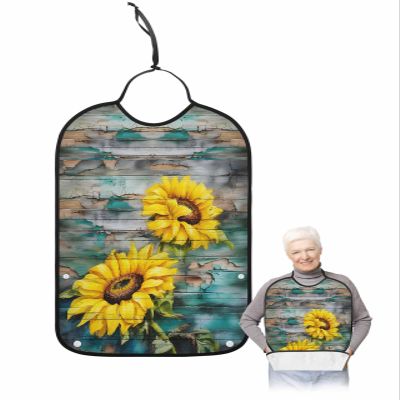 Kewadony Adult Bibs for Elderly Women - Sunflowers Waterproof Dining Clothing Protectors with Crumb Catcher for Eating/Feeding, Vintage Sunflowers on Shabby Wood Terry Cloth Bib Machine Washable