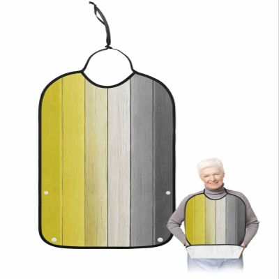 Kewadony Adult Bibs for Elderly Women - Yellow Black White Waterproof Dining Clothing Protectors with Crumb Catcher for Eating/Feeding, Farmhouse Color Ombre Wood Terry Cloth Bib Machine Washable