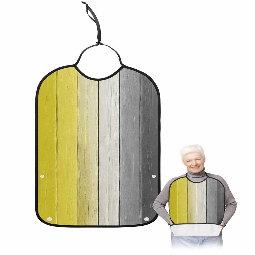 Kewadony Adult Bibs for Elderly Women - Yellow Black White Waterproof Dining Clothing Protectors with Crumb Catcher for Eating/Feeding, Farmhouse Color Ombre Wood Terry Cloth Bib Machine Washable