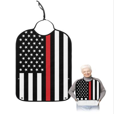 Kewadony Adult Bibs for Elderly Women - Thin Red Line Flags Waterproof Dining Clothing Protectors with Crumb Catcher for Eating/Feeding, Firefighter American Flags Terry Cloth Bib Machine Washable