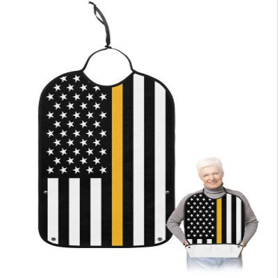 Kewadony Adult Bibs for Elderly Women - Thin Golden Line Flag Waterproof Dining Clothing Protectors with Crumb Catcher for Eating/Feeding, American Flag Gold Stripes Terry Cloth Bib Machine Washable
