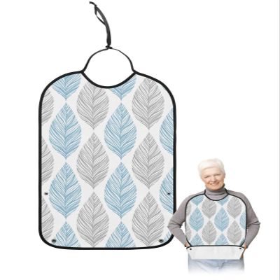 Kewadony Adult Bibs for Elderly Women - Blue and Grey Leaf Texture Waterproof Dining Clothing Protectors with Crumb Catcher for Eating/Feeding, Gray Abstract Art Leaves Terry Cloth Bib Washable
