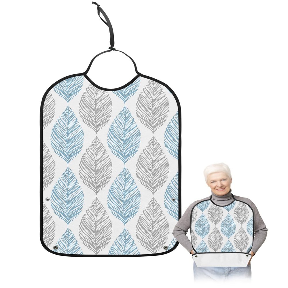 Kewadony Adult Bibs for Elderly Women - Blue and Grey Leaf Texture Waterproof Dining Clothing Protectors with Crumb Catcher for Eating/Feeding, Gray Abstract Art Leaves Terry Cloth Bib Washable
