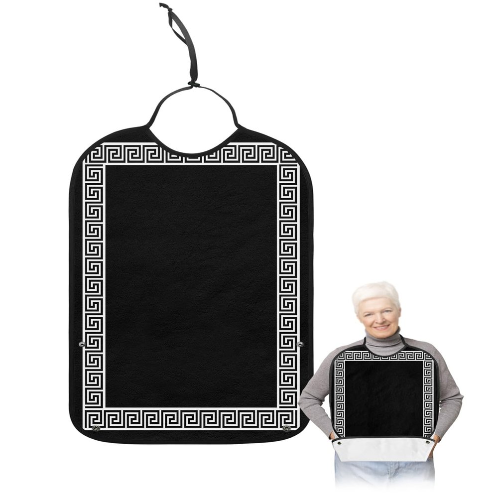 Adult Bibs for Elderly Women - Black Waterproof Dining Clothing Protectors with Crumb Catcher for Eating/Feeding, Greek Key Pattern Geometric Terry Cloth Bib Machine Washable