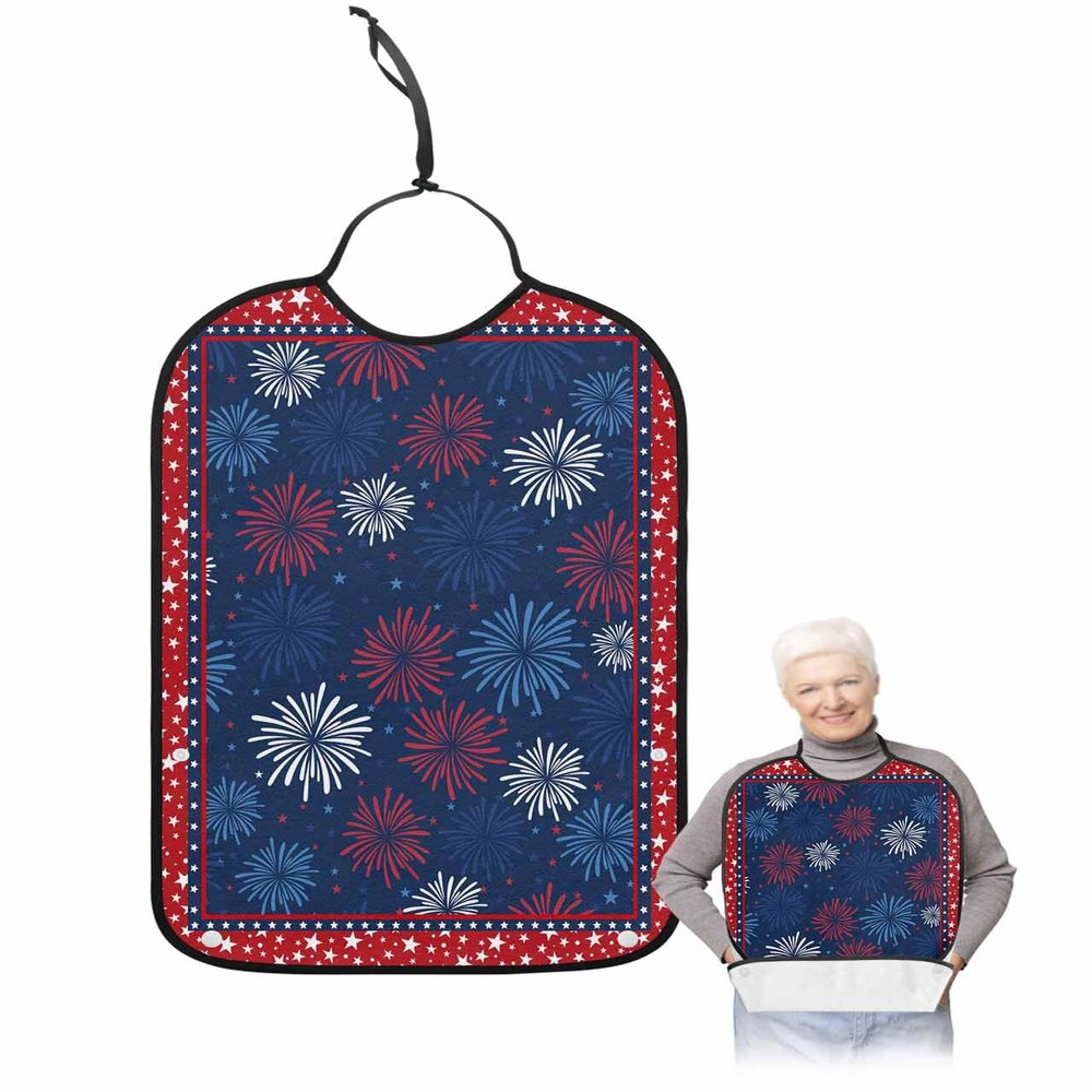 Kewadony Adult Bibs for Elderly Women - Independence Day Waterproof Dining Clothing Protectors with Crumb Catcher for Eating/Feeding, 4th of July Fireworks Star Blue Red Line Terry Cloth Bib Washable