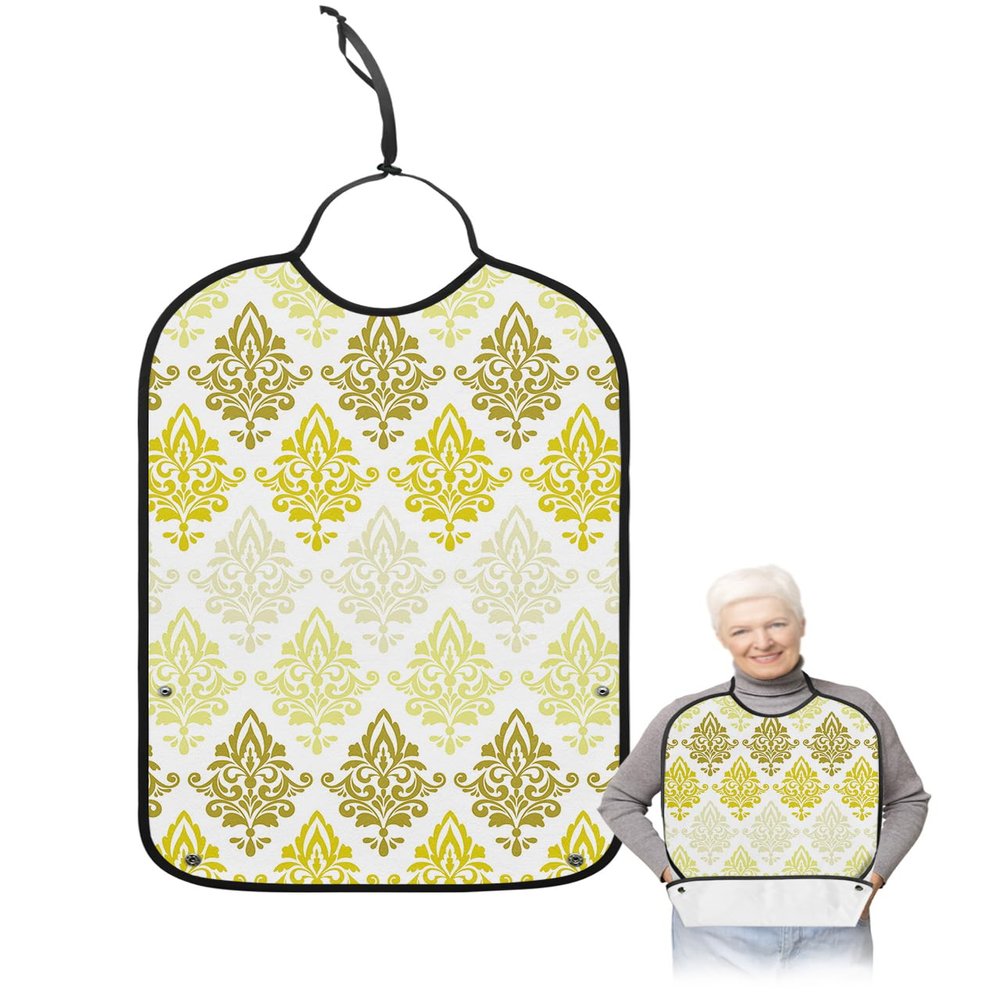 Kewadony Adult Bibs for Elderly Women - Yellow Floral Pattern Waterproof Dining Clothing Protectors with Crumb Catcher for Eating/Feeding, Ombre Luxurious Flowers Terry Cloth Bib Machine Washable