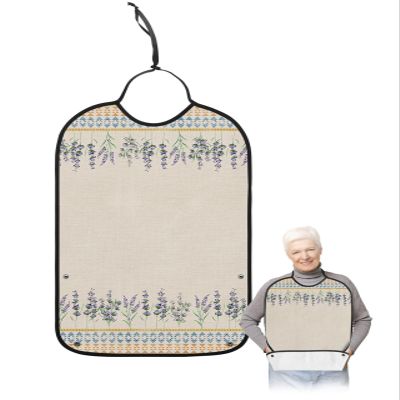 Kewadony Adult Bibs for Elderly Women - Spring Florals Boho Waterproof Dining Clothing Protectors with Crumb Catcher for Eating/Feeding, Vintage Flowers Lavender Terry Cloth Bib Machine Washable
