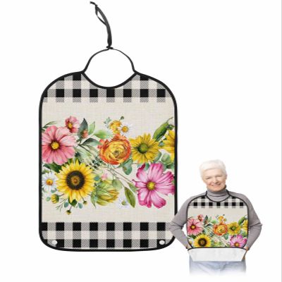 Kewadony Adult Bibs for Elderly Women - Sunflower Florals Waterproof Dining Clothing Protectors with Crumb Catcher for Eating/Feeding, Farmhouse Flowers Vintage Black Plaid Terry Cloth Bib Washable