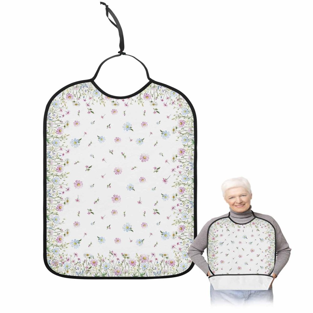 Kewadony Adult Bibs for Elderly Women - Spring Florals Waterproof Dining Clothing Protectors with Crumb Catcher for Eating/Feeding, Farmhouse Summer Florals Terry Cloth Bib Machine Washable
