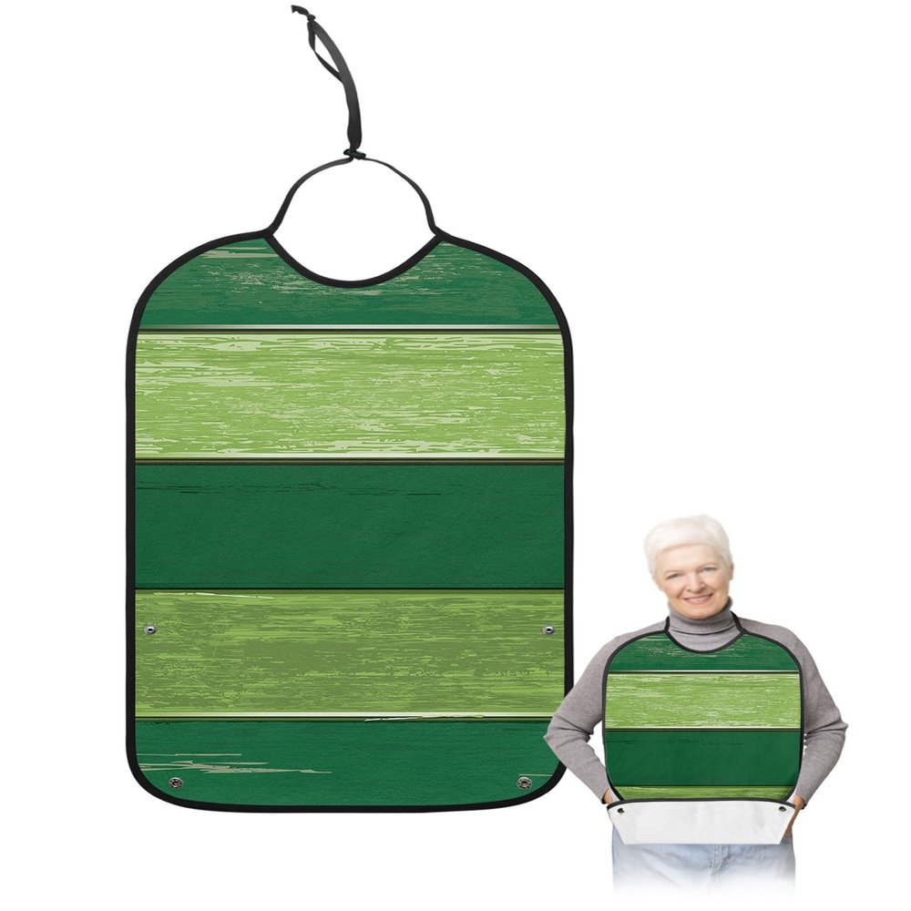 Kewadony Adult Bibs for Elderly Women - Green Barn Wood Waterproof Dining Clothing Protectors with Crumb Catcher for Eating/Feeding, Light Dark Green Wooden Board Terry Cloth Bib Machine Washable