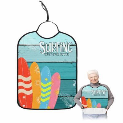 Kewadony Adult Bibs for Elderly Women - Summer Surfboard Beach Waterproof Dining Clothing Protectors with Crumb Catcher for Eating/Feeding, Ocean Teal Ombre Wood Terry Cloth Bib Machine Washable