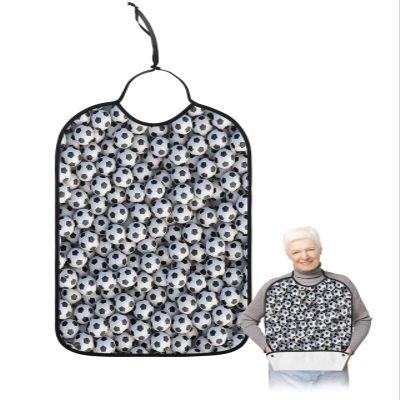 Kewadony Adult Bibs for Elderly Women - Sport Soccer Balls Waterproof Dining Clothing Protectors with Crumb Catcher for Eating/Feeding, Sport Black and White Terry Cloth Bib Machine Washable