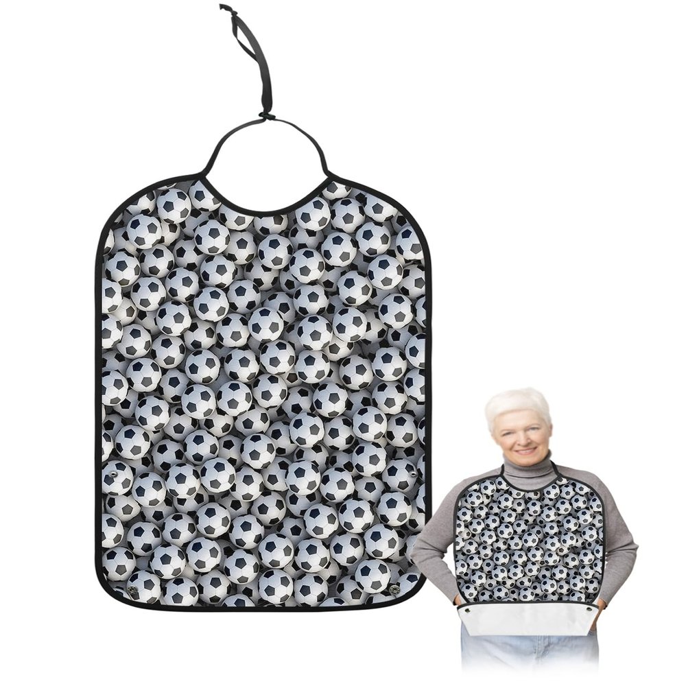 Kewadony Adult Bibs for Elderly Women - Sport Soccer Balls Waterproof Dining Clothing Protectors with Crumb Catcher for Eating/Feeding, Sport Black and White Terry Cloth Bib Machine Washable
