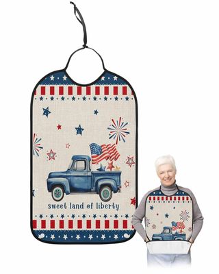 Kewadony Adult Bibs for Elderly Women - 4th of July Waterproof Dining Clothing Protectors with Crumb Catcher for Eating/Feeding, Independence Day Truck American Star Terry Cloth Bib Machine Washable