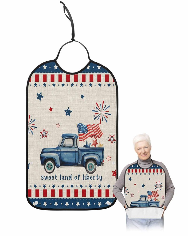 Kewadony Adult Bibs for Elderly Women - 4th of July Waterproof Dining Clothing Protectors with Crumb Catcher for Eating/Feeding, Independence Day Truck American Star Terry Cloth Bib Machine Washable