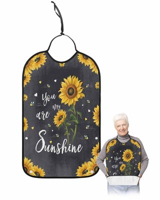 Kewadony Adult Bibs for Elderly Women - Rustic Sunflower Waterproof Dining Clothing Protectors with Crumb Catcher for Eating/Feeding, Black Farmhouse Yellow Florals My Sunshine Terry Cloth Bib