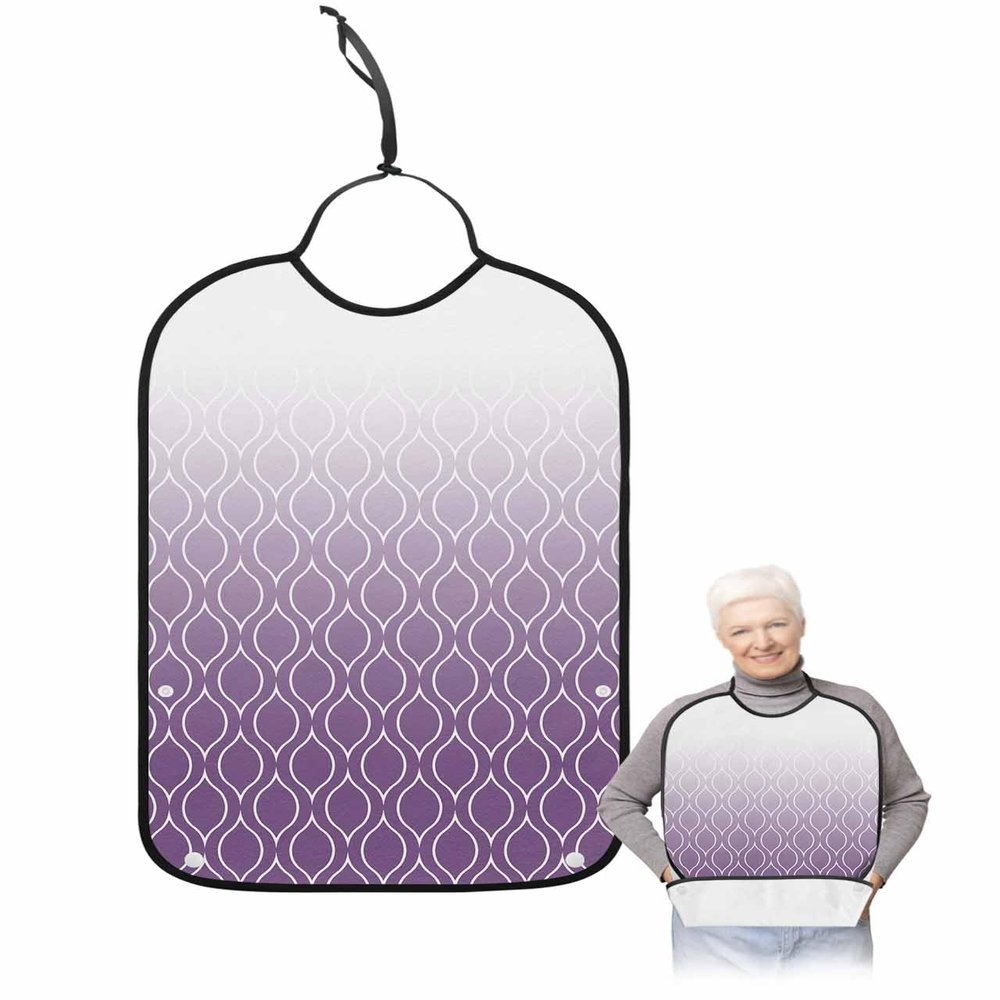 Kewadony Adult Bibs for Elderly Women - Purple Ombre Moroccan Waterproof Dining Clothing Protectors with Crumb Catcher for Eating/Feeding, Geometric Simple Line Terry Cloth Bib Machine Washable