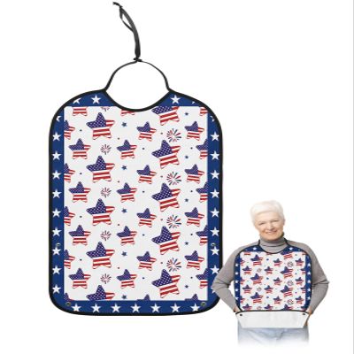 Kewadony Adult Bibs for Elderly Women - 4th of July Waterproof Dining Clothing Protectors with Crumb Catcher for Eating/Feeding, American Flag Blue Star Terry Cloth Bib Machine Washable