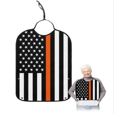 Adult Bibs for Elderly Women - Thin Orange Line Flag Waterproof Dining Clothing Protectors with Crumb Catcher for Eating/Feeding, American Flag Orange Stripes Terry Cloth Bib Machine Washable