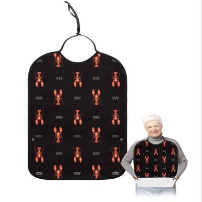 Adult Bibs for Elderly Women - Coastal Red Lobster Filling Waterproof Dining Clothing Protectors with Crumb Catcher for Eating/Feeding, Black Retro Ocean Life Terry Cloth Bib Machine Washable