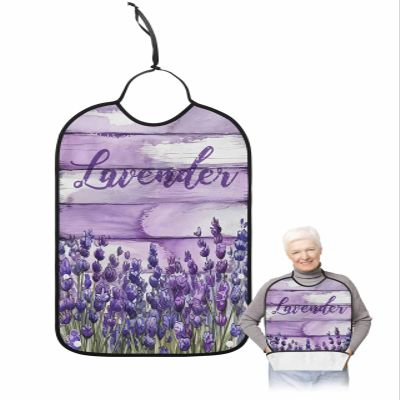 Kewadony Adult Bibs for Elderly Women - Lavender Basket Waterproof Dining Clothing Protectors with Crumb Catcher for Eating/Feeding, Spring Purple Florals on Vintage Wood Terry Cloth Bib Washable
