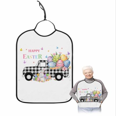 Kewadony Adult Bibs for Elderly Women - Easter Truck Waterproof Dining Clothing Protectors with Crumb Catcher for Eating/Feeding, Spring Easter Eggs Butterflies Terry Cloth Bib Machine Washable