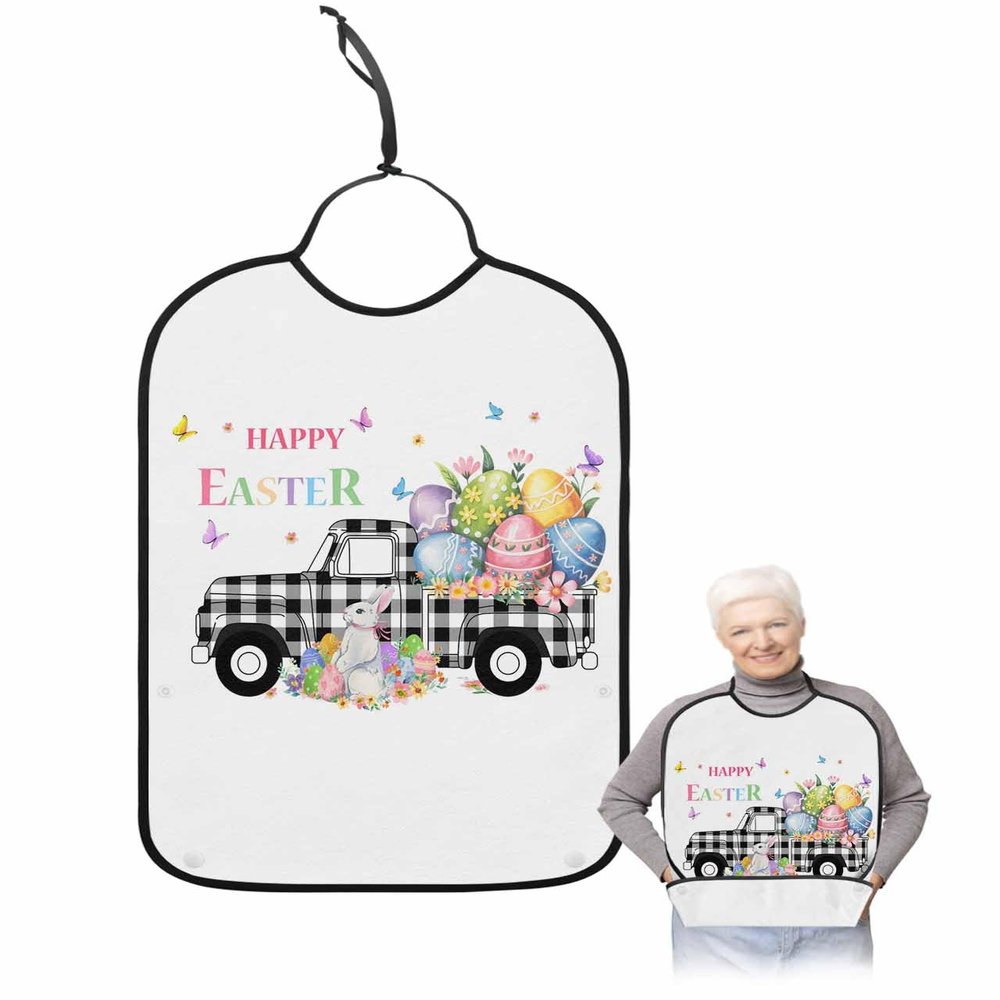 Kewadony Adult Bibs for Elderly Women - Easter Truck Waterproof Dining Clothing Protectors with Crumb Catcher for Eating/Feeding, Spring Easter Eggs Butterflies Terry Cloth Bib Machine Washable