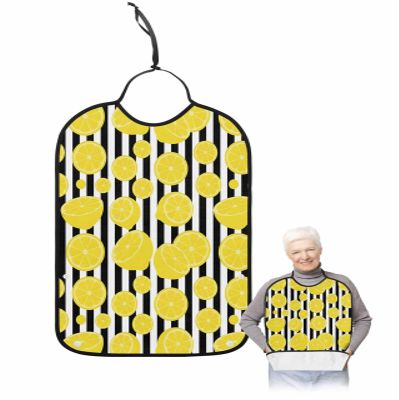 Kewadony Adult Bibs for Elderly Women - Summer Lemon Waterproof Dining Clothing Protectors with Crumb Catcher for Eating/Feeding, Vintage Black and White Stripes Terry Cloth Bib Machine Washable