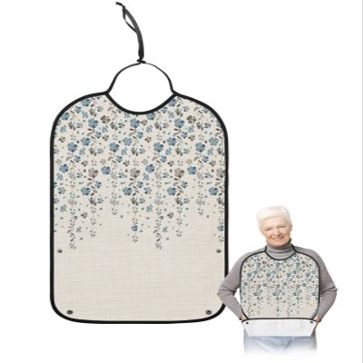 Kewadony Adult Bibs for Elderly Women - Blue Grey Florals Waterproof Dining Clothing Protectors with Crumb Catcher for Eating/Feeding, Spring Weeping Flowers Linen Texture Terry Cloth Bib Washable