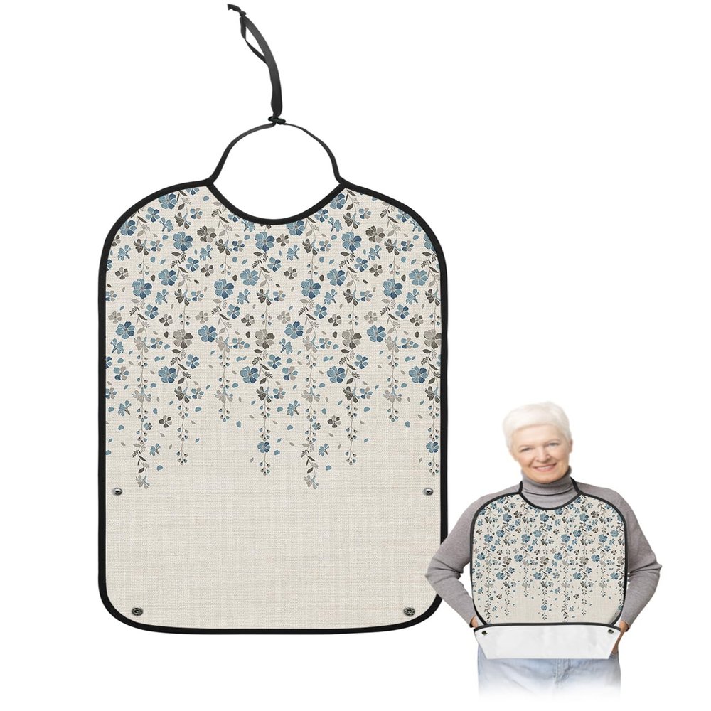 Kewadony Adult Bibs for Elderly Women - Blue Grey Florals Waterproof Dining Clothing Protectors with Crumb Catcher for Eating/Feeding, Spring Weeping Flowers Linen Texture Terry Cloth Bib Washable