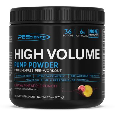 PEScience High Volume Stim-Free Pre Workout Pump Powder, Nitric Oxide Booster with L Citrulline & L Arginine Nitrate, Non-Stim Preworkout for Men and Women, 36 Scoops, Guava Pineapple Punch