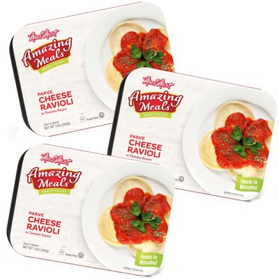 Kosher Parve Ready Meals - Cheese Ravioli in Tomato Sauce, MRE Meals Ready to Eat, Halal, (3 Pack) Prepared Entree Fully Cooked, Shelf Stable Microwave Dinner, Travel, Military, Camping