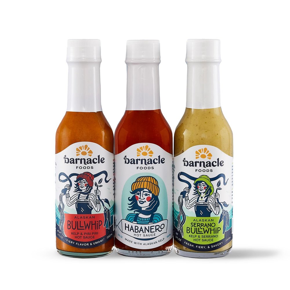Barnacle Foods Bull Kelp Hot Sauce Variety Pack - Bullwhip Kelp, Serrano & Habanero - Made in Alaska - Delicious Flavor & Heat, Packed with Vitamins & Minerals, Great for Any Meal - 3 Pack